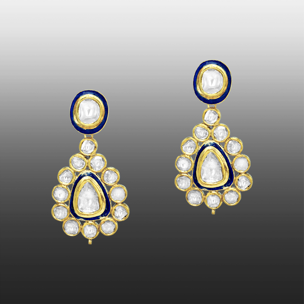 Polki Necklace Set with Blue Enamel and Matching Drop Earrings